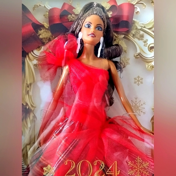 Barbie Signature 2024 Holiday Barbie Doll Red Plaid Dress Brown Hair - Picture 3 of 9